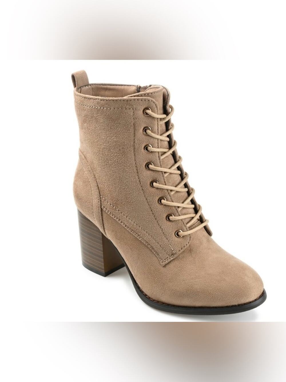 NWB Journee Collection Baylor Booties Sz 8.5 Faux Suede Lace-Up Stacked Heel Tan